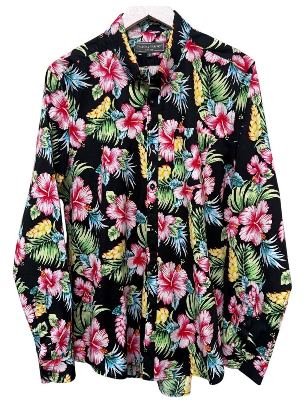 Paisley & Gray Aloha Floral Shirt Mens L/XL Black Tropical Slim Fit Button up